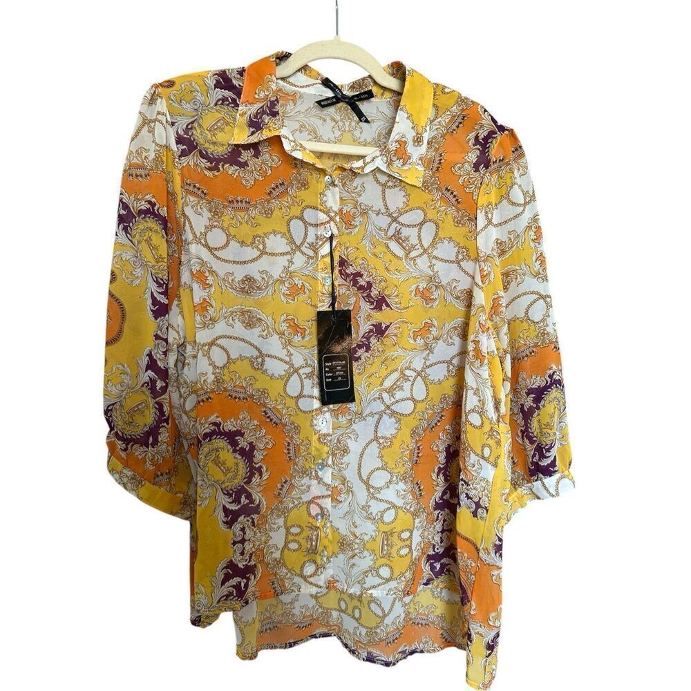Ali & Kris Women’s 2X Baroque Print Button-Down Shirt Blouse Long Sleeve Gold Ch